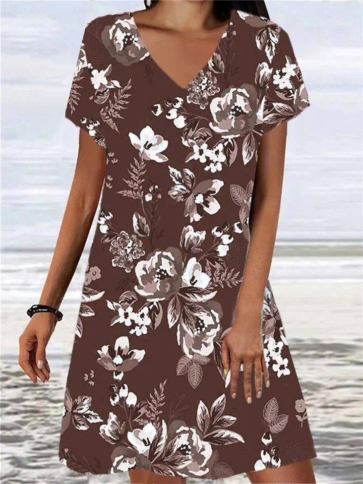 Summer New Temperament Commuter Women's Casual Loose V-neck Print Midriff Comfortable Casual A-line Dress Dress