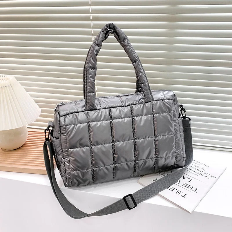 Nylon Waterproof Grid Soft Bucket Crossbody Shoulder Bag for Women 2021 Winter Padded Handbags Kawaii Totes With Short Handle