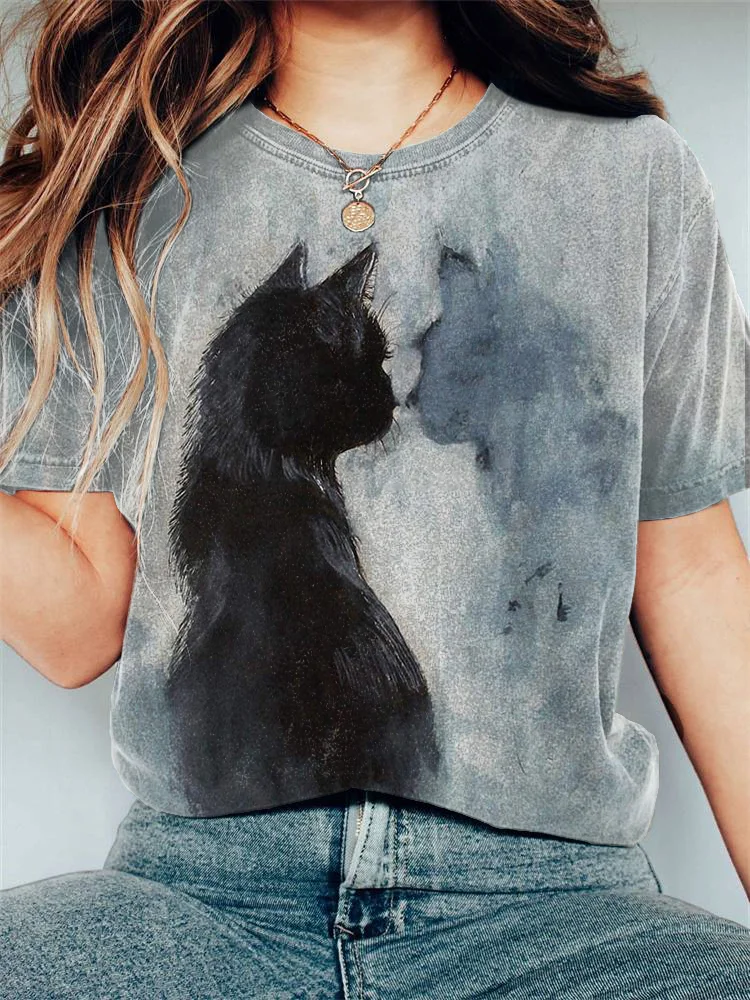 Ink Painting Black Cat Print Vintage T-Shirt