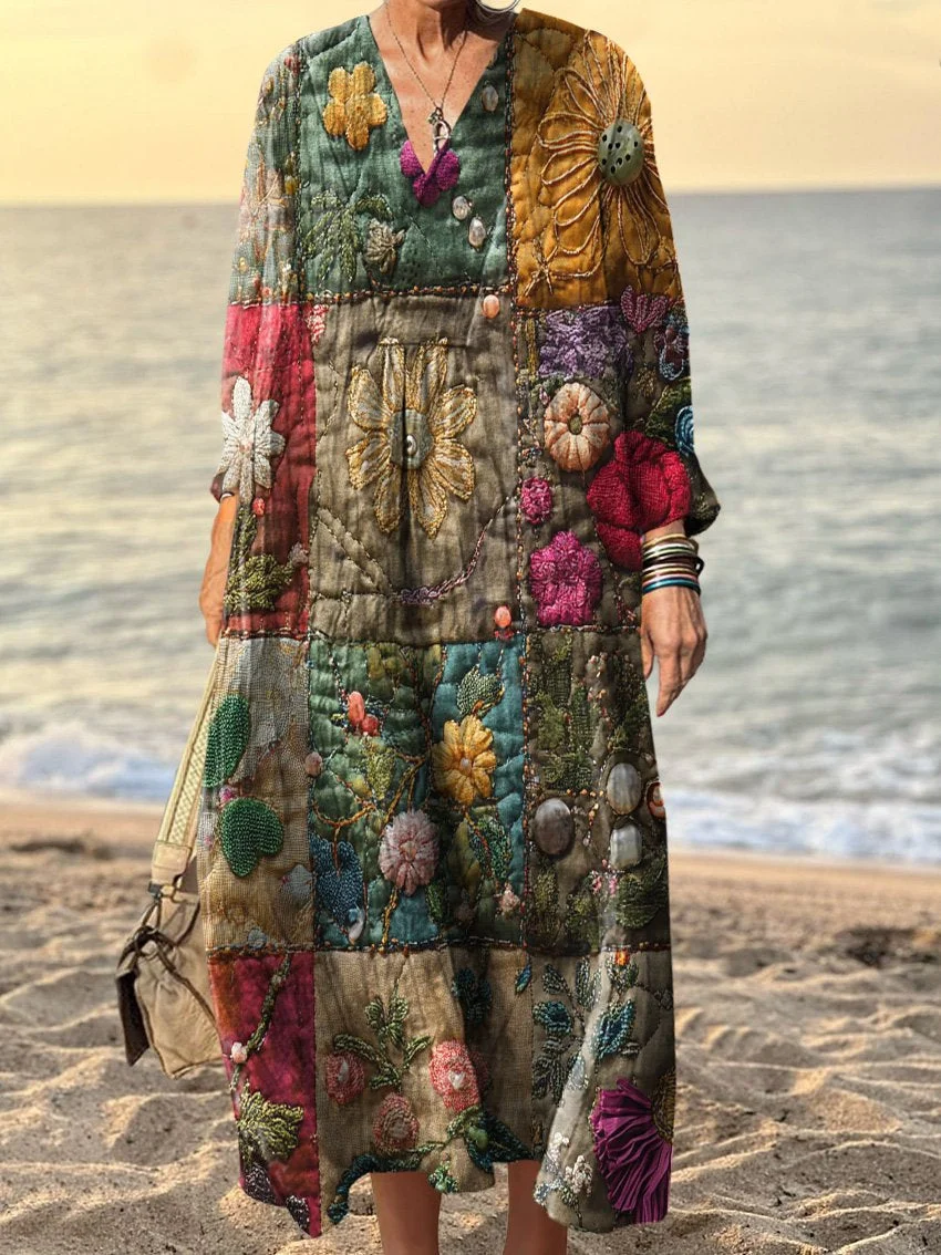 Women's Vintage Dark Patchwork Art Print Dress