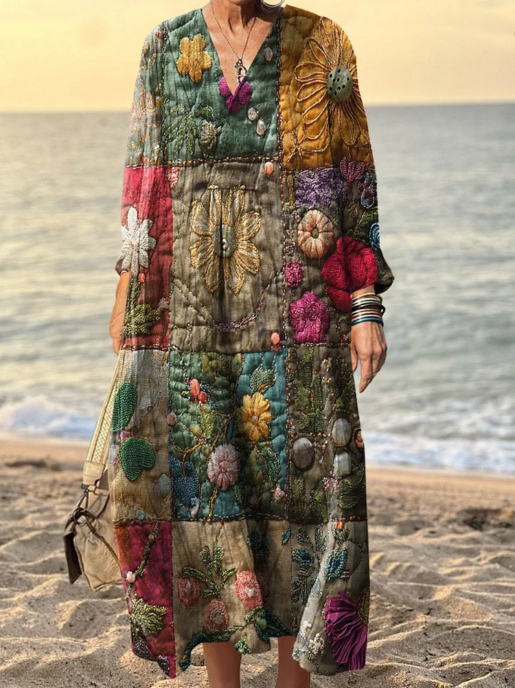 Women's Vintage Dark Patchwork Art Print Dress