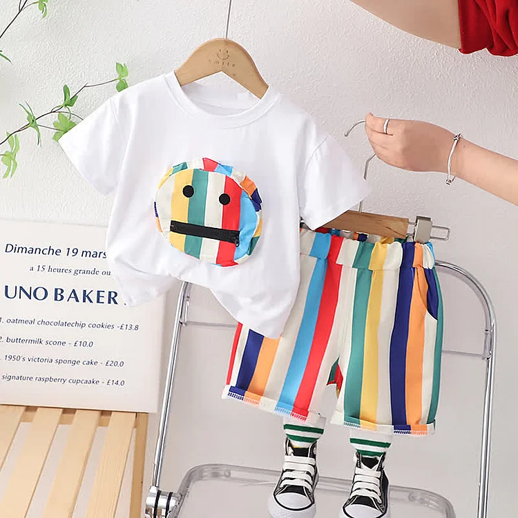 Toddler Boy Smiley Tee and Striped Shorts Set