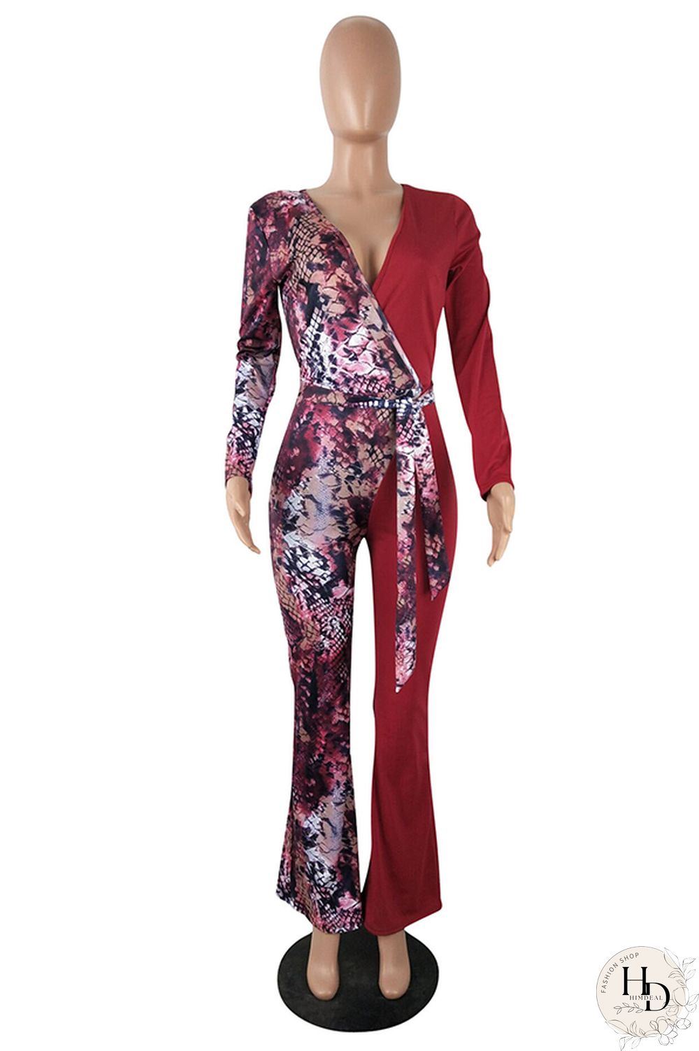 Wine Red Fashion Sexy bandage Patchwork serpentine Print Polyester Long Sleeve V Neck Jumpsuits