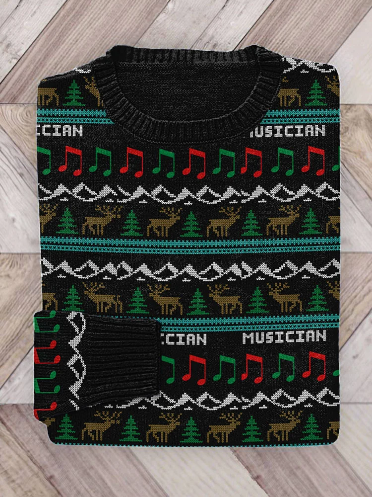 Elk Music Notes Merry Christmas Casual Cozy knit Sweater