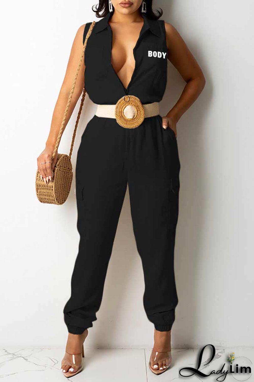 Blue Casual Print Patchwork Zipper Turndown Collar Straight Jumpsuits(Without Belt)