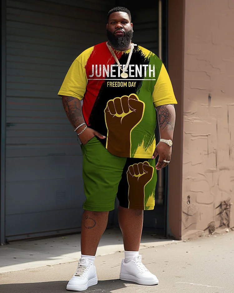 Men's Plus Size Juneteenth Black Freedom Day Fist Print T-Shirt Shorts Suit