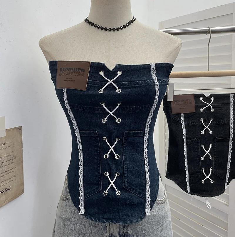 Nigikala Nigikala Sexy Water Wash Denim Pocket Spliced Lace Bra Design Without Strap Vest 2753