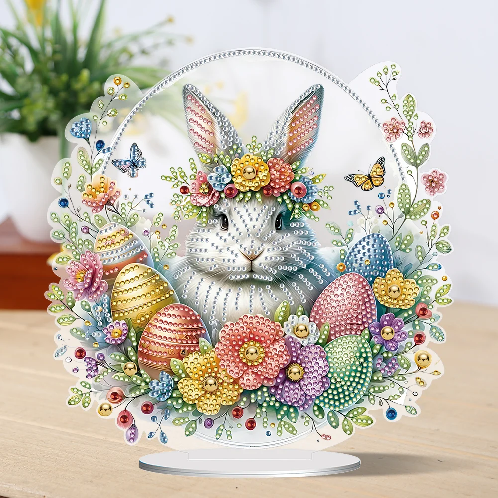 DIY Easter Cute Rabbit Egg Single-Sided Acrylic Diamond Painting Tabletop Ornament for Home Office Desktop Decor