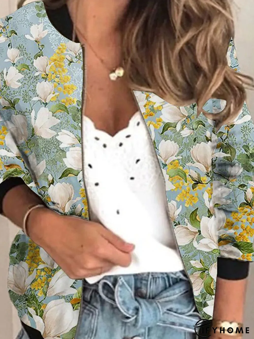 Women Casual Floral Autumn Stand Collar Micro-Elasticity Daily Best Sell Regular H-Line Other Coat | IFYHOME