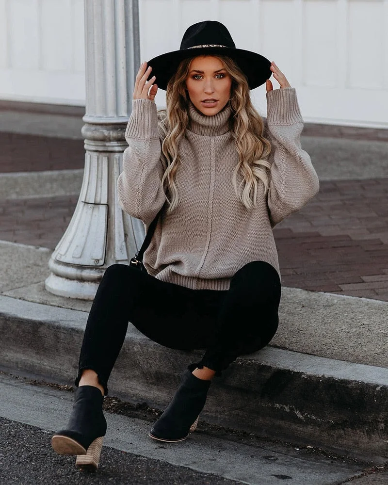 Fitshinling Bohemian Women's Turtleneck Sweater Knitwear Patchwork Reverse Line Jumper Pullover Winter Tops Holiday Sweaters New