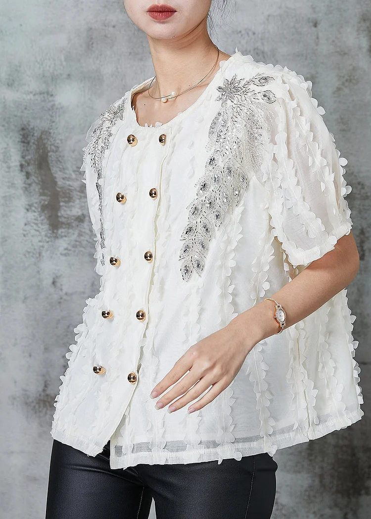 White Chiffon Shirts Double Breast Zircon Summer