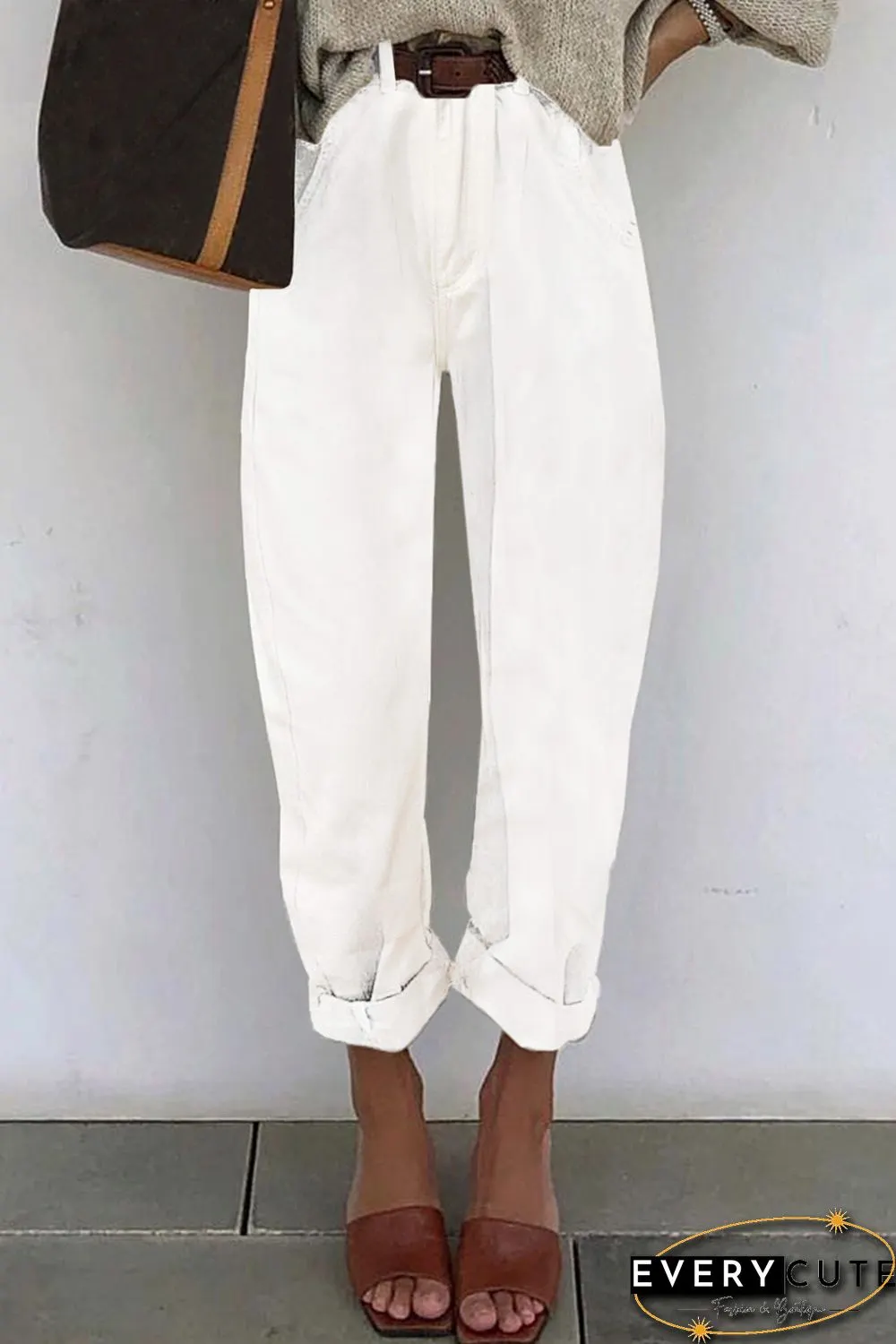 White Solid High Waist Casual Pants