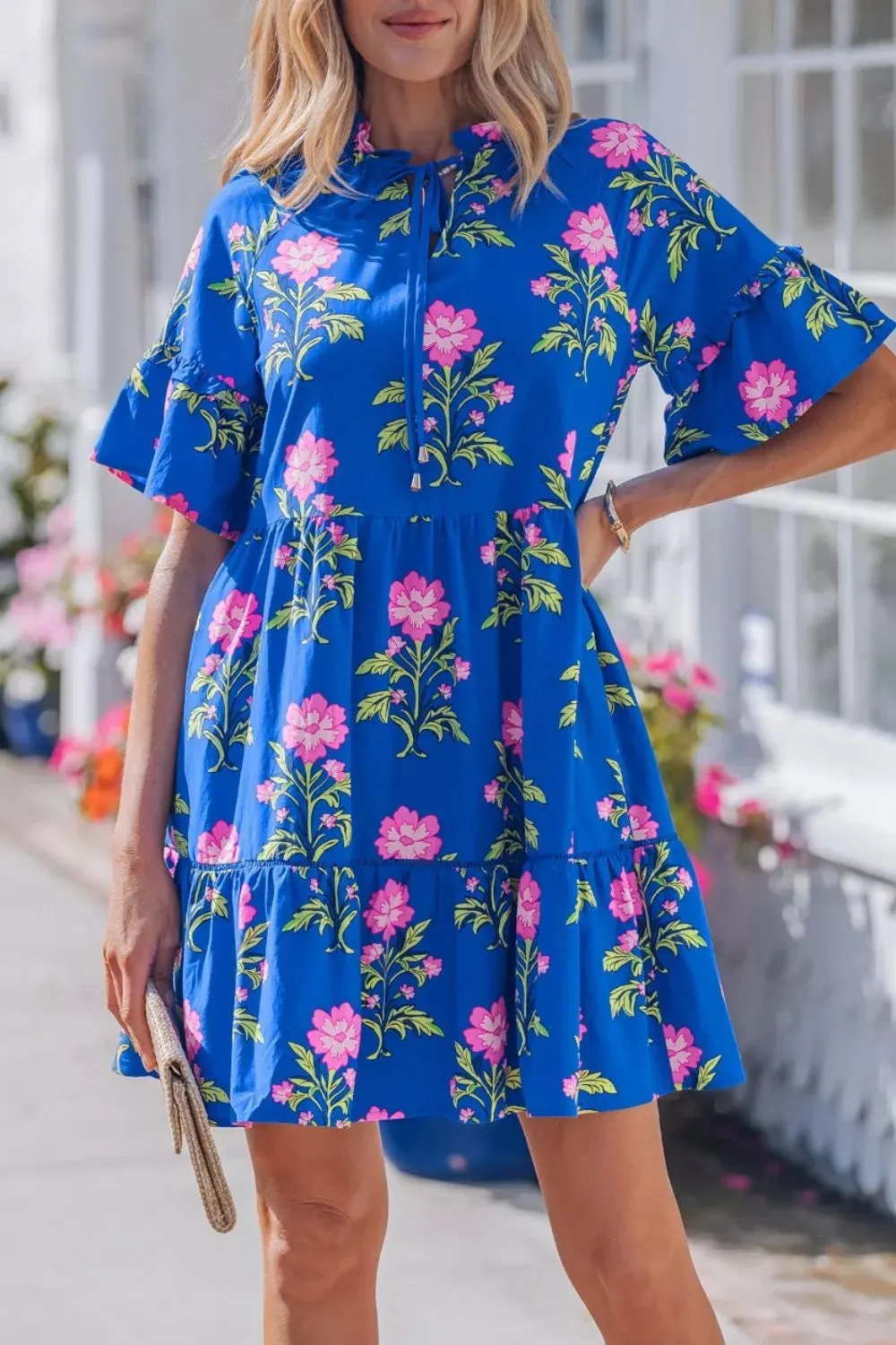 V Neck Short Sleeve Loose Flower Dress mysite idetrend