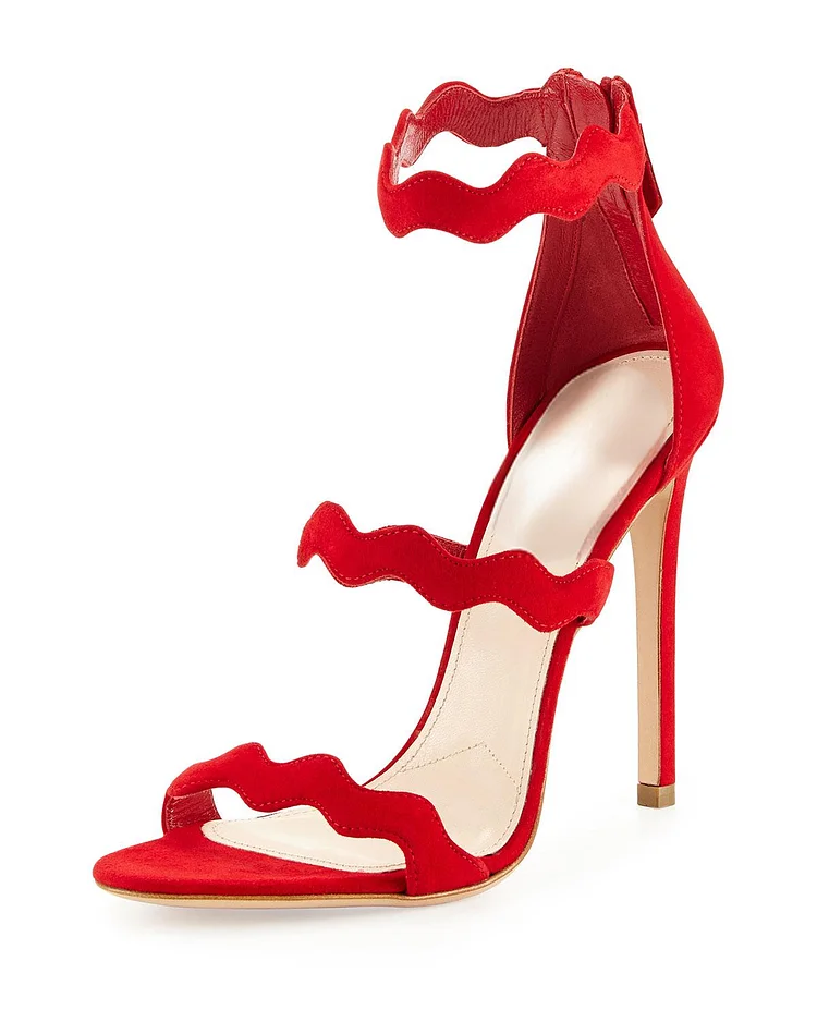 Red Three-Strap Open Toe Suede Stiletto Heels by VDCOO Vdcoo