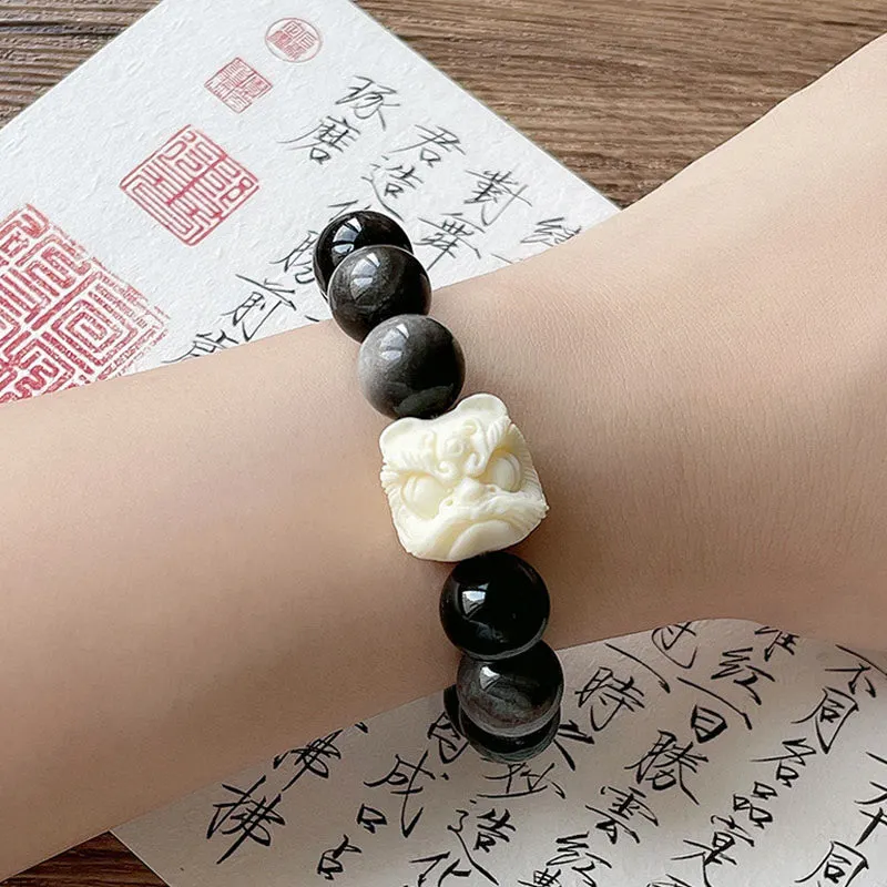 Silver Sheen Obsidian Bodhi Seed Ivory Fruit Dancing Lion Protection Bracelet