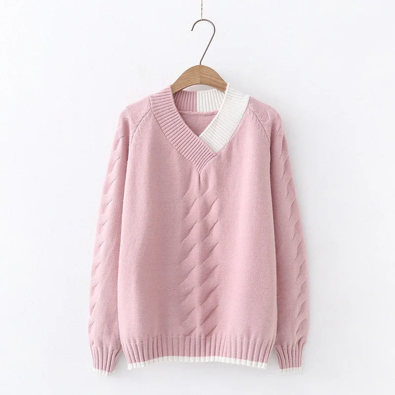 2021 Autumn Winter Knitted Pullover Sweater Women Long Sleeve Spliced V Neck Sweater Pink White Blue Red Jumpers