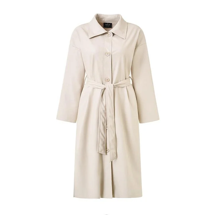 Casual Solid Color Single-breasted Belted Button Faux Leather Trench Coat