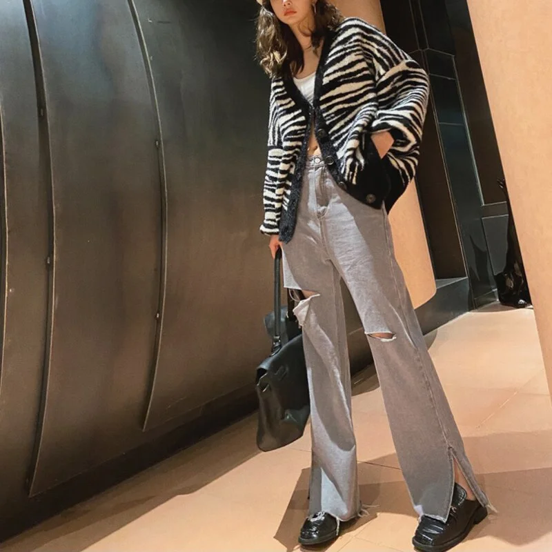 Autumn Split Ripped Women's Jeans High Waist Straight Pants Denim Female Wide Leg Trousers Mujer Mop Floor Cowboy Korean Style