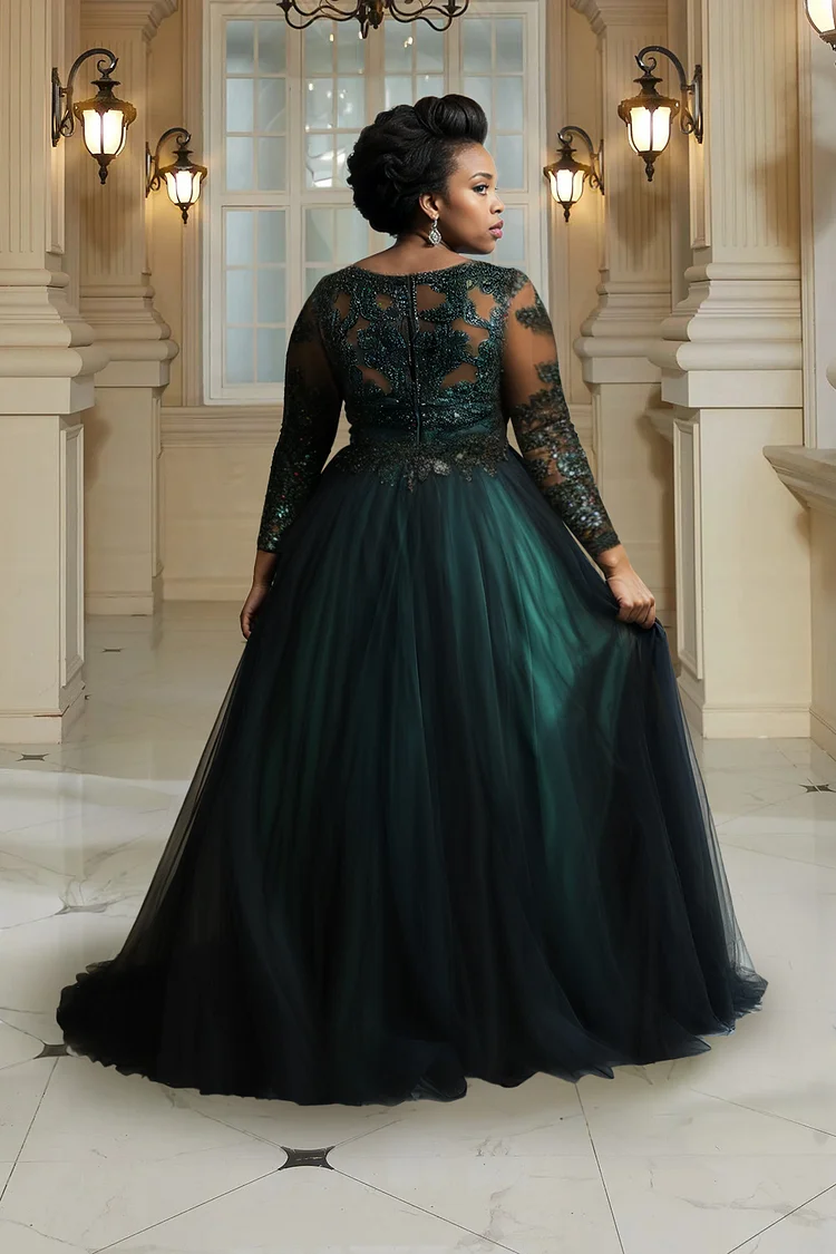 Xpluswear Design Plus Size Evening Gowns Green Long Sleeve Tulle Maxi Dresses [Pre-Order]