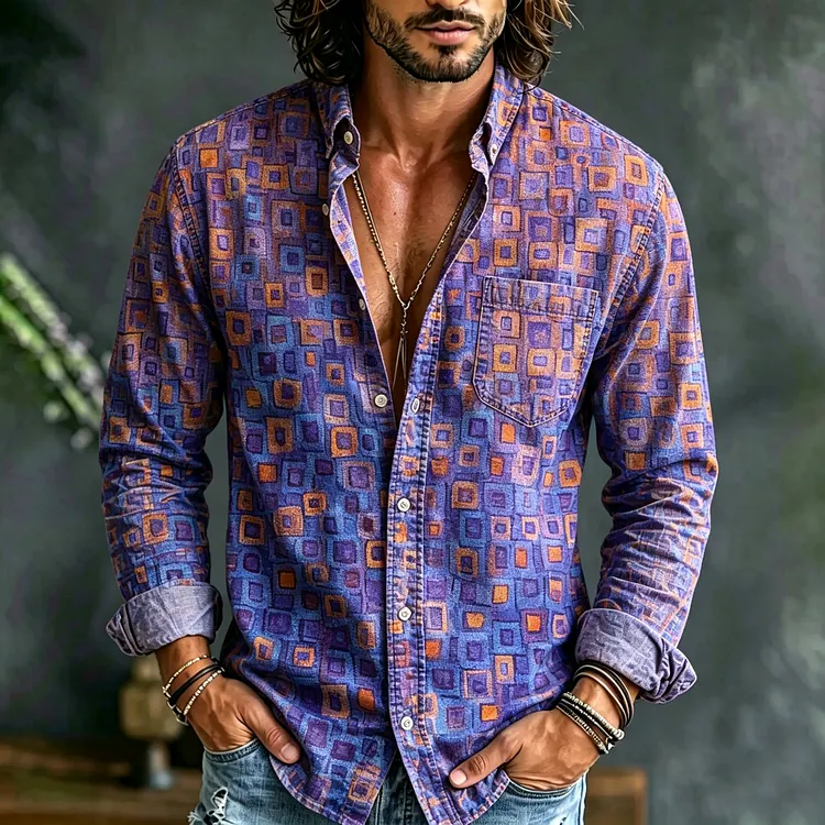 Men's Color Block Printed Cotton Linen Long-sleeved Shirt