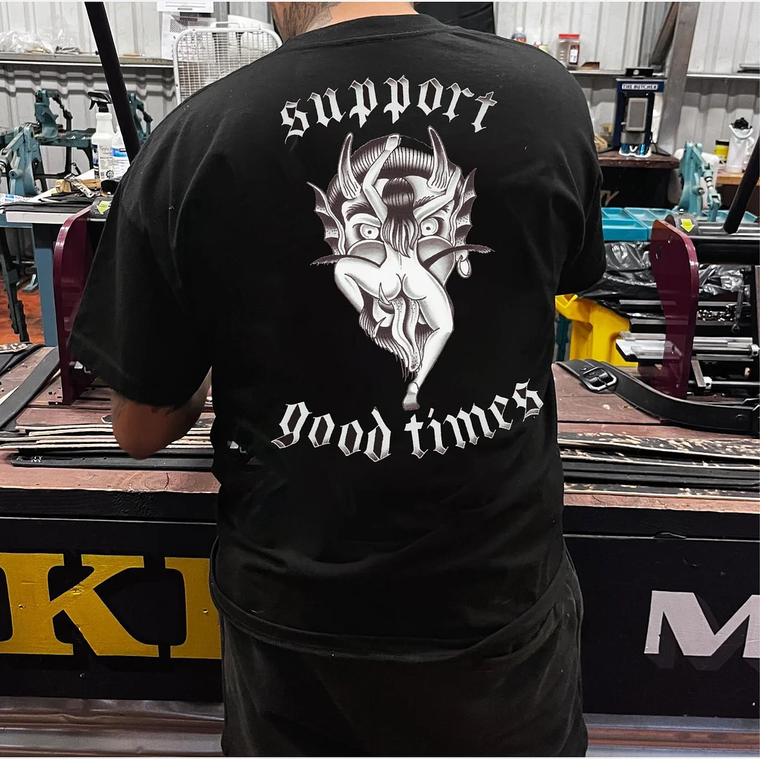 support good times Devil Black Print T-Shirt