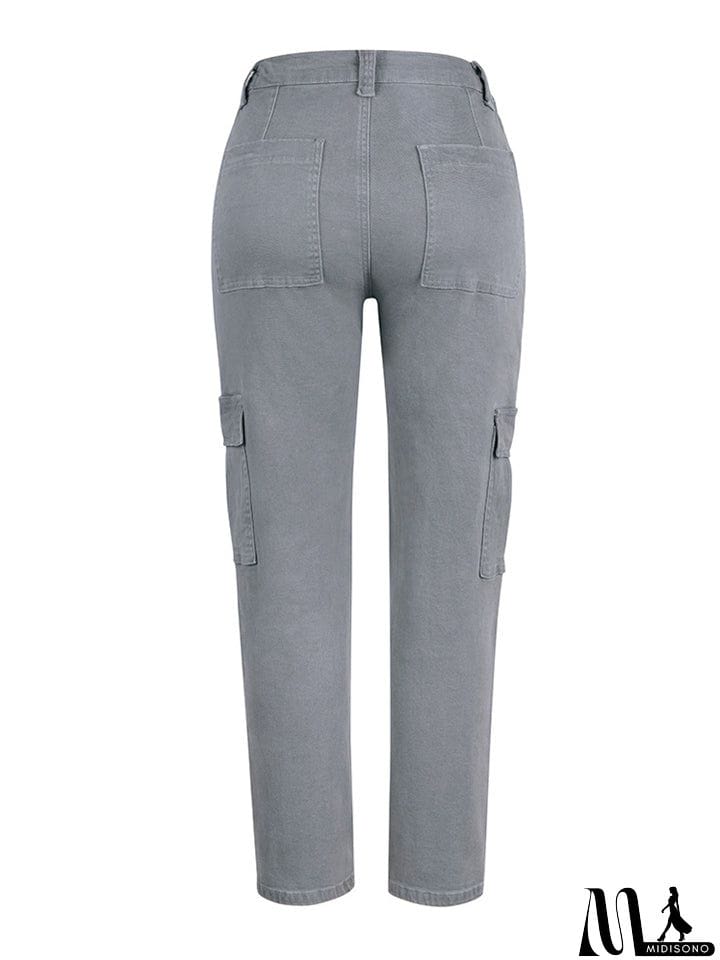 MidiSono - Women's Casual Washed Effect Multi-Pockets Button Grey Cargo Pants