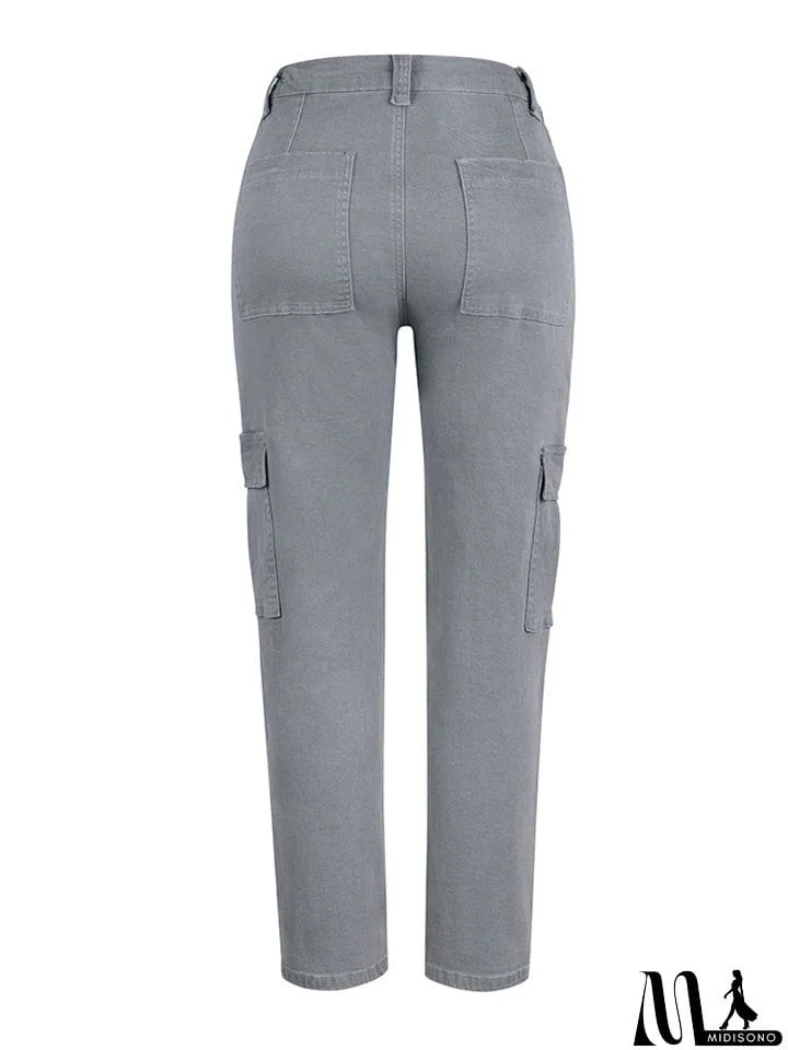 MidiSono - Women's Casual Washed Effect Multi-Pockets Button Grey Cargo Pants