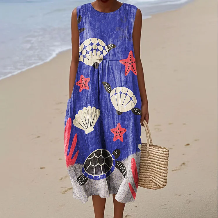 Women's Colorful Abstract Underwater World Art Print Sleeveless Cotton Pocket Wrap Dress