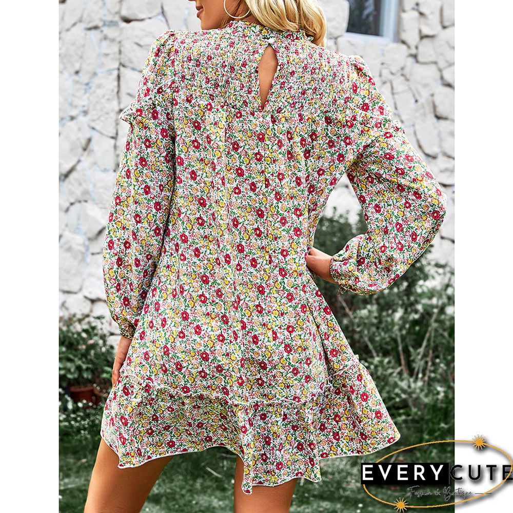Muliticolor Floral Print Smocked Long Sleeve Dress