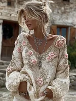 Women's Vintage Pink Flowers Art V-neck Cozy Knit Sweater