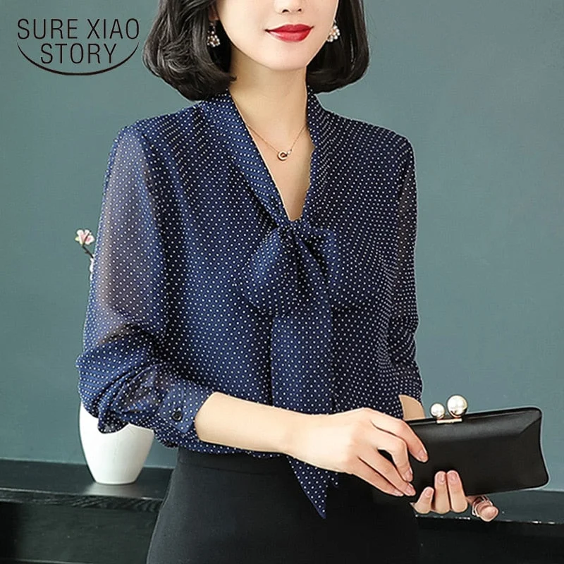 Autumn Chiffon Shirt Temperament Shirt Long Sleeve New Ladies Bow Tie Top Shirt Print Polka Dot Women Blouses Casual 6107 50