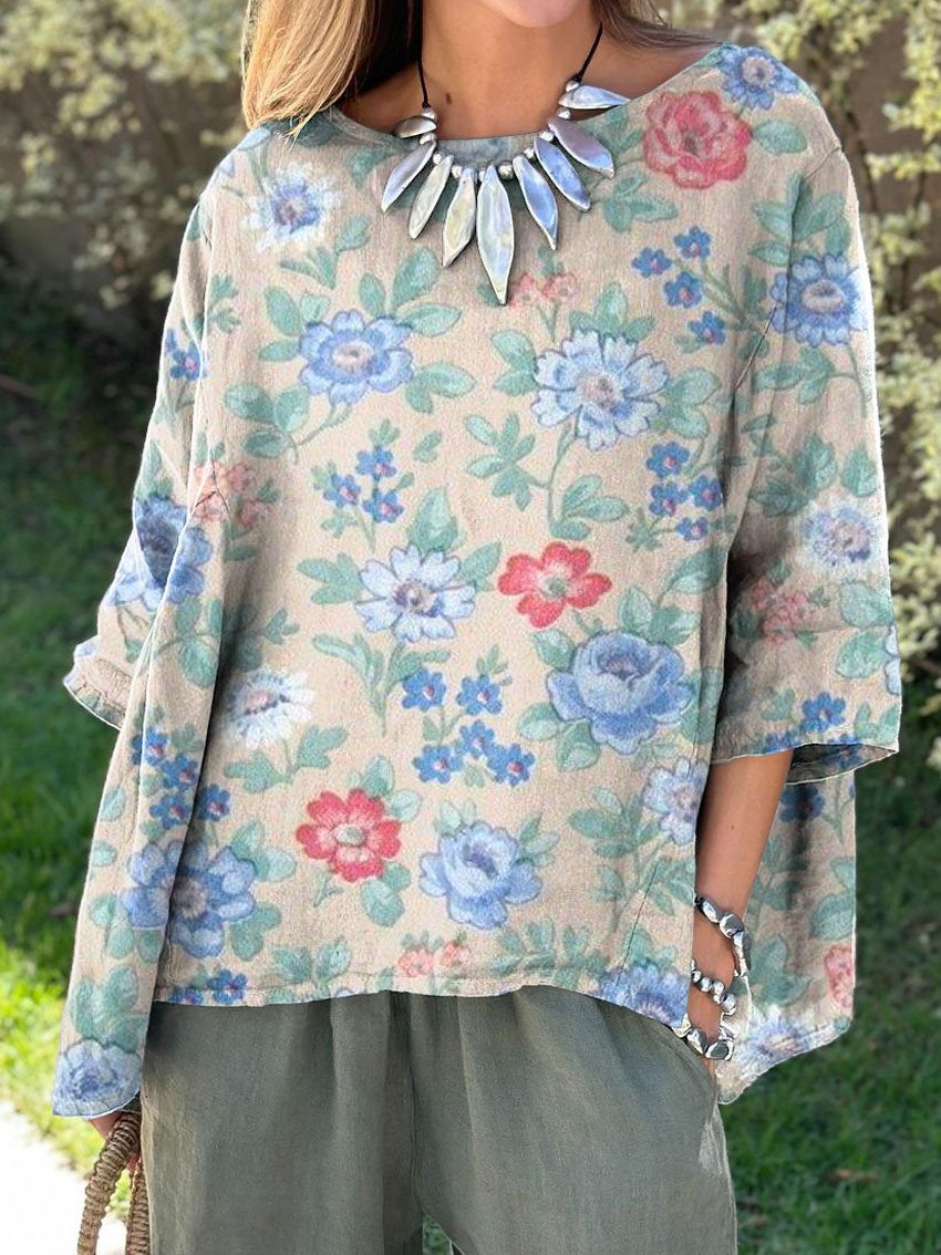 Women's Vintage Floral Art Print Casual Cotton And Linen Shirt