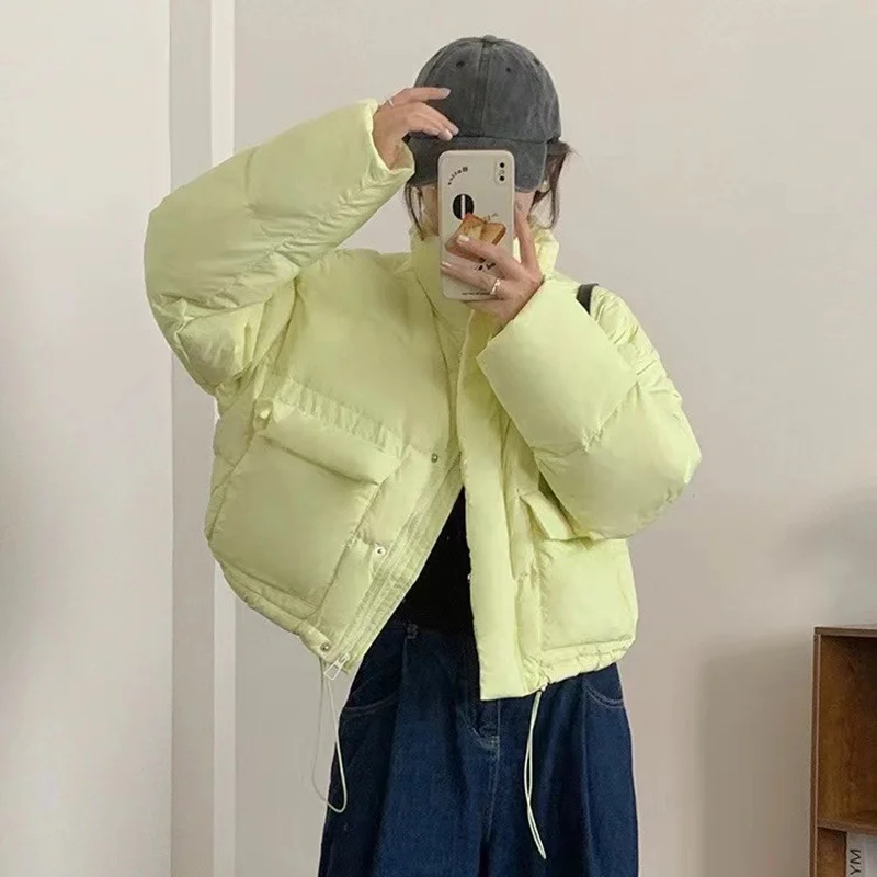 Toloer Korean Version Vertical Collar Down Jacket Women's Short Style 2024 Winter New Thickened Warm White Duck Velvet Large Pocket Bread Coat-Outfit Ideas