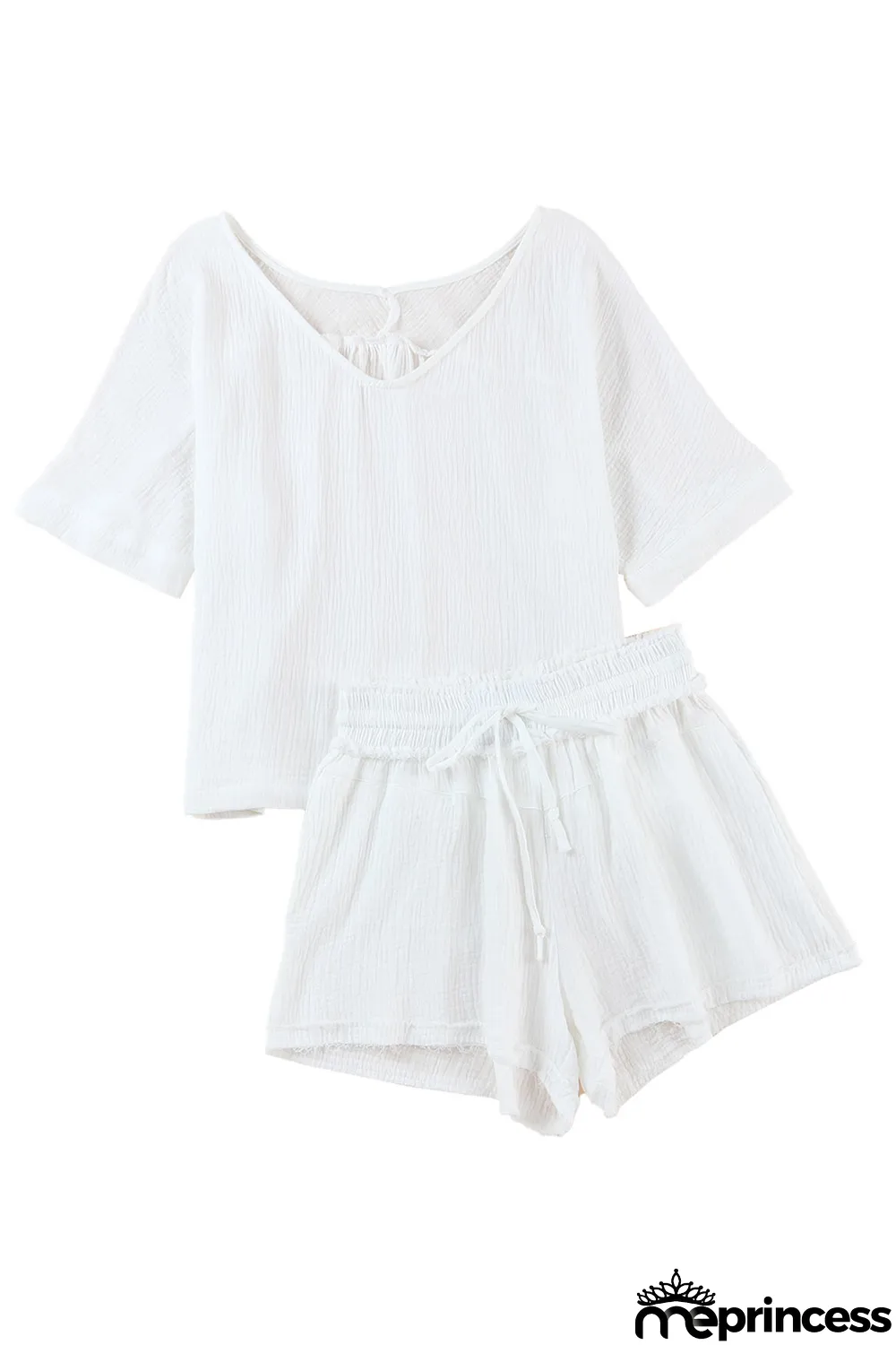 White Relaxed V Neck Blouse and Drawstring Raw Hem Shorts Set