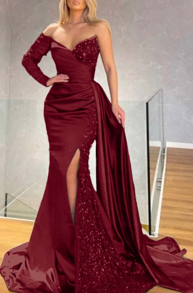 Daisda One Shoulder Long Sleeve Split Black Mermaid Prom Dress With Sequins