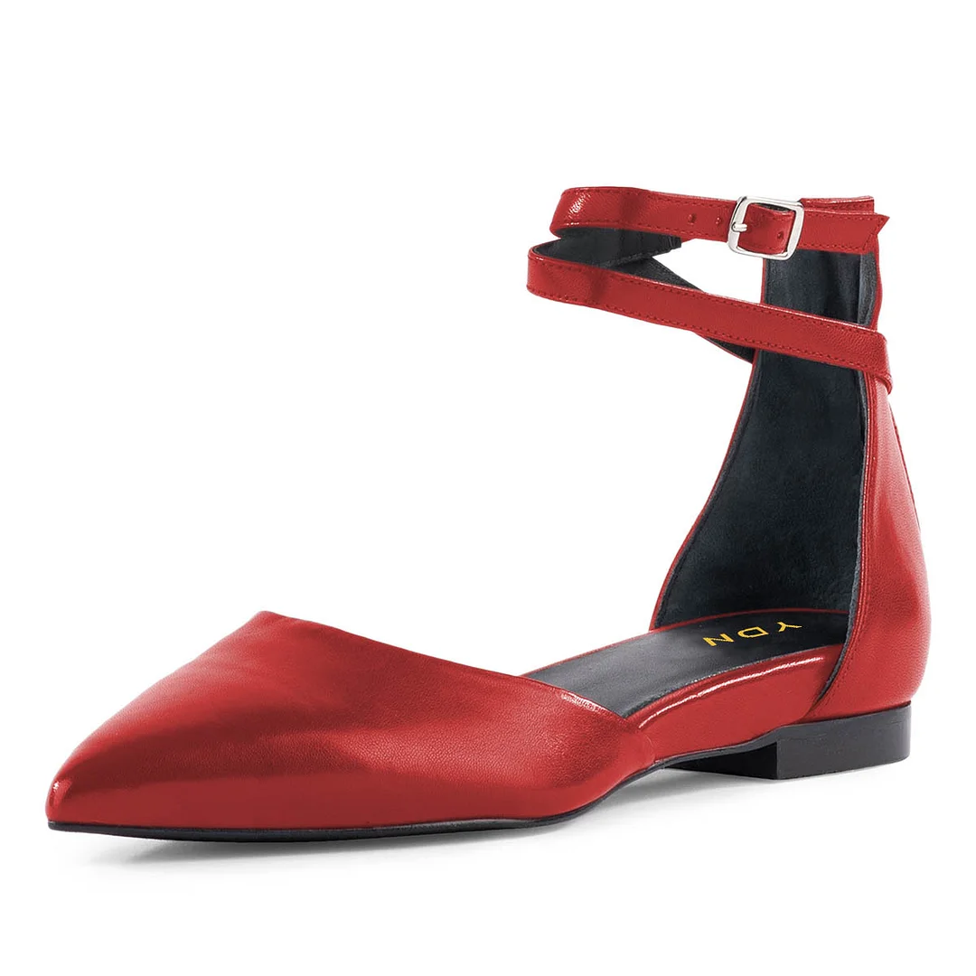Simple Red Vegan Leather Ankle Strap D'orsay Pointed Toe Flats