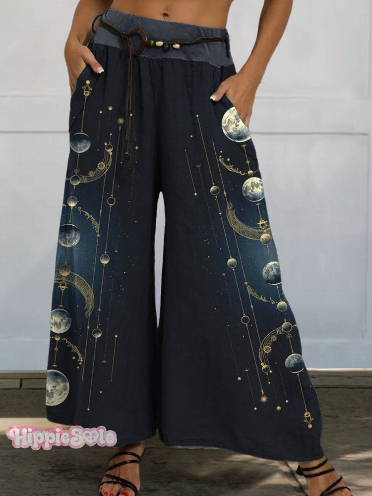 Mysterious Crecent Moon Art Printed Women’s Cotton And Linen Casual Wide-Leg Pants Multicolor / S