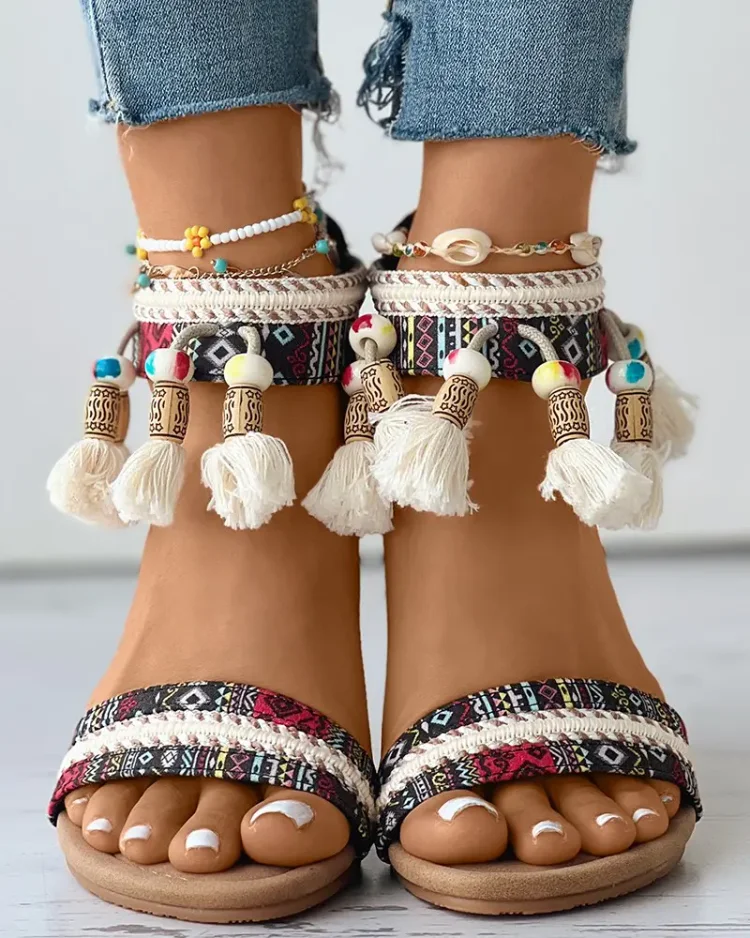 Tribal Tassel Decor Beaded Ankle Strap Boho Beach Sandals  Stunahome.com