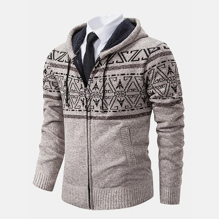 Daily Geo Zipper Pocket Long Sleeve Hooded Knitted Sweater
