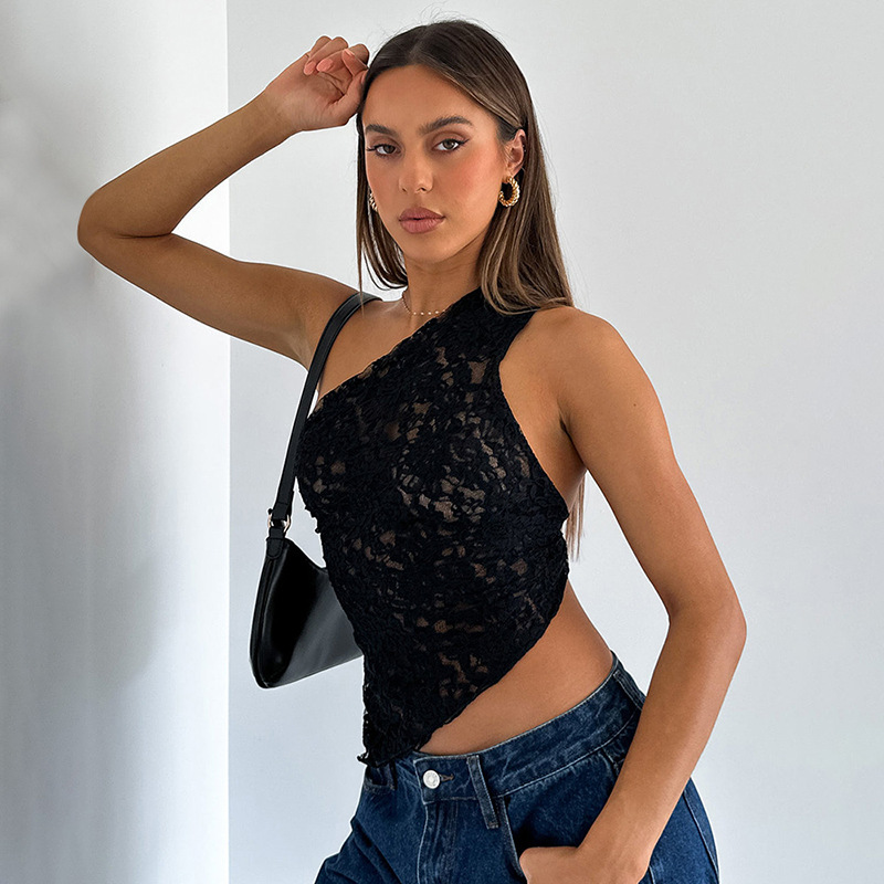 Mature Women Lace Backless Top Summer Solid Color Waistless Asymmetrical Sloped Neck Vest Streetwear