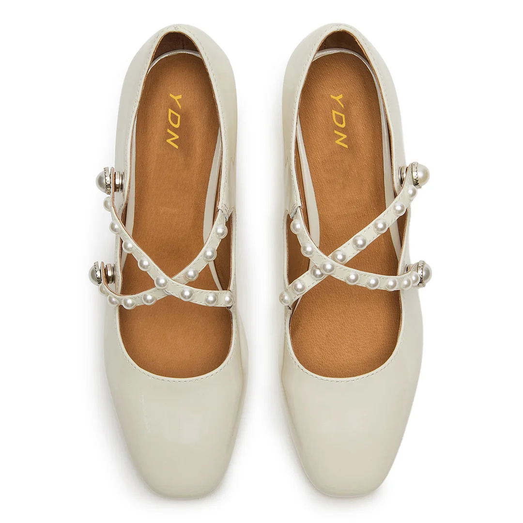 Patent Leather Pearl Embellished Strappy Block Heel Ivory Mary Janes