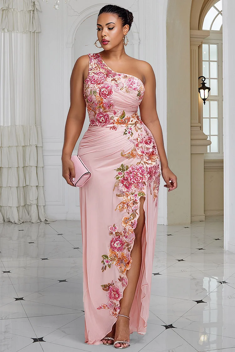 Xpluswear Design Plus Size Wedding Guest Pink Floral One Shoulder Split Elegant Chiffon Maxi Dresses [Pre-Order]