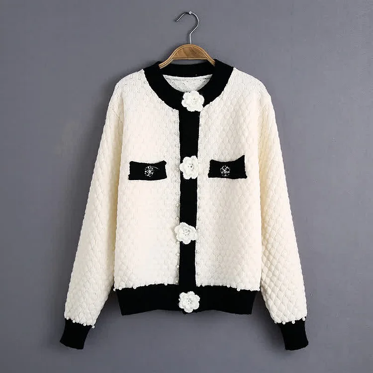 Pearl Decor 3D Blossom Button Cardigan Sweater - Modakawa Modakawa