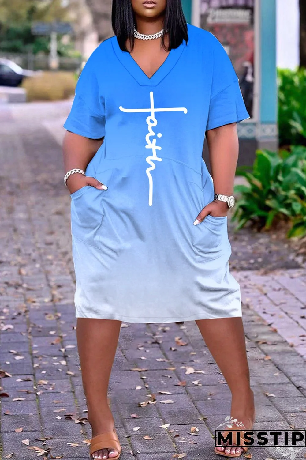 Blue Pink Casual Print Basic V Neck Short Sleeve Dress