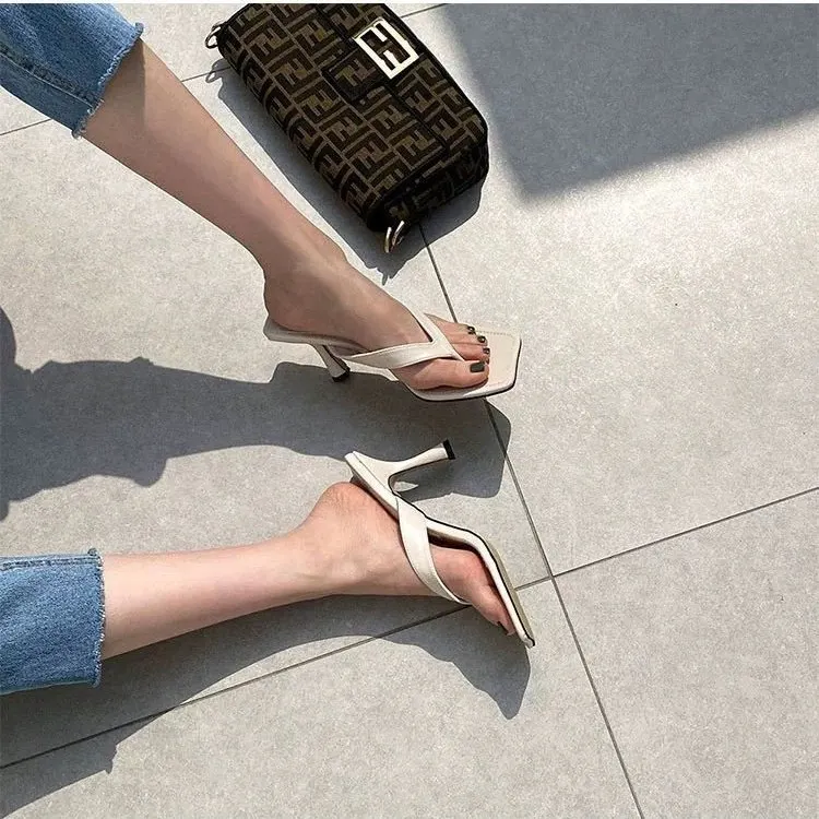 Breakj Breakj Women's 2025 Summer New Square Head Net Red Sexy Fine Heeled Rice White High Heels