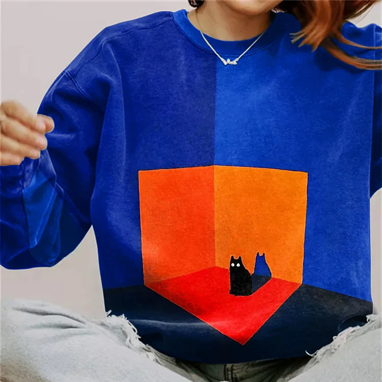 Art Cat Print Round Neck Long Sleeve Sweatshirt