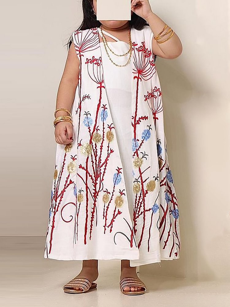 Kid's Irregular Shoulder Strap White Dress and Floral Print Outerwear