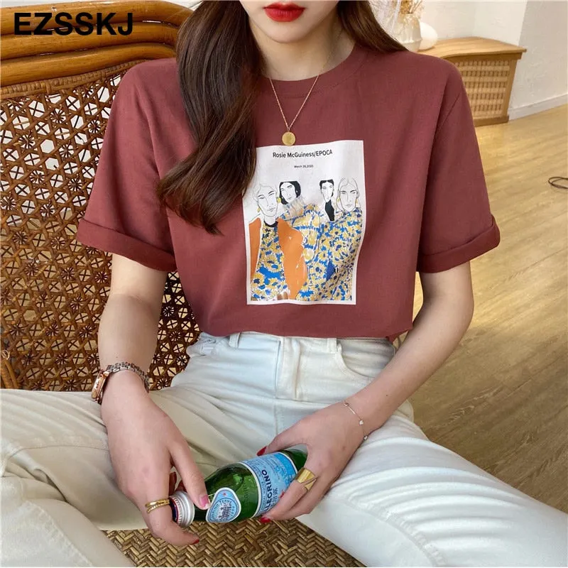 Pure cotton t-shirt women's summer ins short-sleeved 2021 new sanding bottoming shirt  loose printed t-shirt top