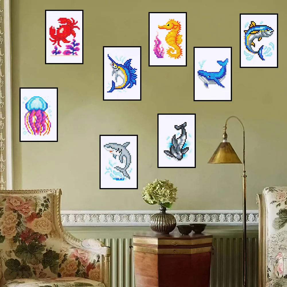 8pcs Marine Animal DIY Mini Partial Round Diamond Painting Set Desktop Decor No Frame(12*17cm)