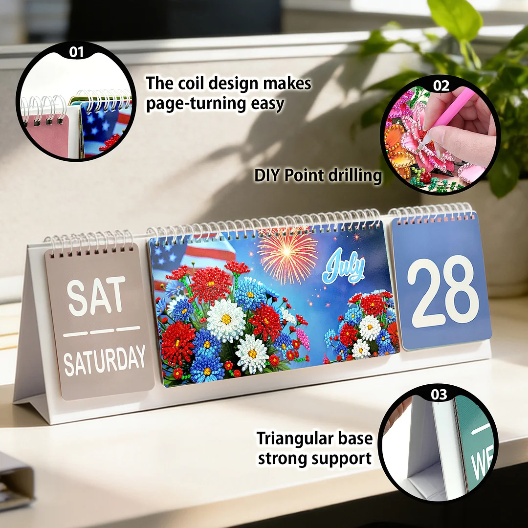 2026 Beautiful Flower DIY Diamond Art Painting Desk Calendar Special Shaped Drill Monthly Flip Tabletop Calendar Kit for Adults Beginners Gift Home Office Decor